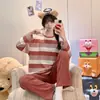 Pijama Nuevo de Manga Larga para Mujer Otoño 2026, Tela Elástica a Rayas, Similar al Algodón, Conjunto de Ropa de Casa Dulce de Niña con Cuello Redondo, Estilo Delgado