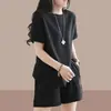 Conjunto Casual de Shorts Solto Literário Retrô Camiseta de Manga Curta Verão 2025 Nova Moda Conjunto de Duas Peças Feminino Tendência