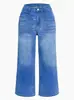 Jeans de Pierna Ancha Elásticos de Cintura Alta Transfronterizos Europeos y Americanos Pantalones Retro Lavados Puños Deshilachados Bolsillos Inclinados Pantalones Cortos