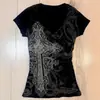 Y2K Milenio Sexy Chica Caliente Cuello en V Cruzado Manga Corta Mujer Verano 2026 Nuevo Estilo Gótico Adelgazante Camiseta Estampada