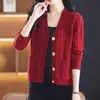 Suéter cárdigan de punto trenzado de color liso con cuello en V de un solo botón y bolsillo, estilo europeo y americano, comercio exterior transfronterizo para mujer