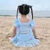 Traje de baño para niñas, de una pieza, para aguas termales, estilo coreano, con cordón, de malla, al por mayor, modelo nuevo, secado rápido, estilo infantil