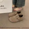 2025 Novo Estilo Outono Francês Retrô Roupa Externa Bico Redondo Feltro Forrado com Lã Sapatos Birkenstock para Mulheres, Sapatos de Algodão Quentes de Uma Perna com Decote