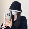Sombrero de Cubo de Felpa Negro para Mujer, Nuevo Estilo Otoño e Invierno, Diseño Pequeño Inspirado en Chanel, Adelgazante del Rostro, Gorro de Punto Liso Posparto