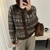 Elegante cárdigan de punto jacquard vintage con cuello redondo para mujer, abrigo suéter Fair Isle engrosado de un solo pecho de otoño e invierno, corte holgado