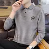 Camisas tipo Polo para Hombre de Primavera y Otoño, Camisetas de Manga Larga, Tops Casuales de Moda Ajustados con Rayas Bordadas