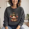 Sudadera de Cuello Redondo para Mujer, Talla Europea, Top Lindo con Estampado de Vaca de Dibujos Animados, Venta al por Mayor de Deseos de Amazon, Negro