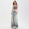 Jeans Reta High Street Americano para Mulheres Outono 2025 Novo Cintura Alta Solto Design de Aparência Emagrecedora Calças Wide-Leg Comprimento Total
