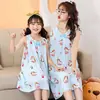 24 Vestido de Noche de Verano para Padres e Hijos Algodón Seda Madre e Hija Mediano y Grande Niños Bebé Vestido para el Hogar Estampado Tirante Vestido Base Camisón