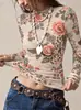 Camiseta europea y americana transfronteriza de Amazon 2026 nuevo estampado floral vintage top de malla de manga larga ajustado para mujer