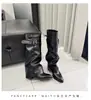 Novas Botas de Outono de Salto Grosso até o Joelho para Mulheres Bico Fino Franzidas Mostram as Pernas Botas Longas de Salto Alto com Fivela de Cinto Perna de Calça Preto Estilo Coreano