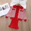 Conjunto de Duas Peças para Meninas: Cardigan Longo de Tricô Xadrez Estilo Tweed com Vestido Suéter Sem Mangas para Crianças Pequenas, Estilo Coreano