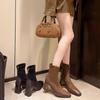 Botas Meiko de Camurça Elástica Salto Grosso Cano Curto Moda Outono Inverno Estilo Rad Retro Costura Salto Alto Botas Femininas