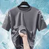 Camiseta Masculina de Manga Curta em Malha de Seda Gelada Cor Sólida Novo Estilo Verão, Camiseta Respirável com Gola Redonda para Homens, Tamanho Grande