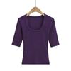 2840-25 Primavera Nova Estilo Europeu e Americano Sexy Sexy Elástico Slim Gola U Exposto Clavícula Manga Média Camiseta Básica Camiseta