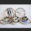 Platos de mármol con borde dorado electrochapado, cuencos, platos y tazas de cerámica con glaseado de nube de colores