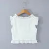 Conjunto Branco Top com Renda Bordada Vazada Estilo Francês, Manga Bufante + Saia de Camadas com Cordão