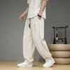 Pantalones deportivos con cordón, pantalones harén casuales de algodón y lino, pantalones anchos retro estilo chino, pantalones finos sueltos de verano estilo chino para hombre