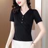 23 Xin Nueva Camiseta Negra de Manga Corta para Mujer con Cuello en V Pulóver de Color Puro Manga Media Cintura Interior Estilo Coreano Top y Camisa Pequeña
