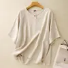 Top de Verano Artístico Vintage de Algodón y Lino para Mujer, Nuevo Suéter de Estilo Chino, Camiseta de Manga Corta de Color Puro con Cuello Redondo e Detalle de Botón, Inspirado en Zen