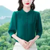 Linda Blusa de Chiffon para Mulheres, Novo Estilo de Verão, Elegante e Rejuvenescedora, Emagrecimento, Blusa de Manga Três Quartos, Camisa para Mãe de Meia-Idade