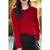 Cárdigan de Punto Floral Rojo para Mujer, Nuevo Estilo 2026, Color Sólido, Abrigo Suave y Lujoso, Chaqueta Suéter de Punto de Cuello Redondo de Alta Resistencia
