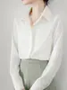 Toma real: Camisa de satén gris azul con botones ocultos para mujer, adecuada para primavera y otoño, con caída, ideal para ir al trabajo, ropa profesional, camisa de manga larga, top para entrevistas