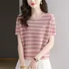 Camiseta de Punto Rayada de Seda de Hielo para Mujer, Manga Corta, Nuevo Estilo Verano 2026, Mamá de Mediana Edad, Camiseta Base Delgada con Ajour