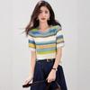 Camiseta Popular de Manga Corta a Rayas para Mujer 2025 Verano Nuevo Moda Coreana Tejido de Punto de Cuello Redondo a Rayas Arcoíris Contrastantes