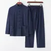 Traje Tang de lino y algodón para hombre, traje chino de manga larga con hebilla retro, traje de Tai Chi chino holgado para hombres de mediana edad y mayores.