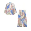 Conjunto de Moda para Mujer 2026 Transfronterizo Cuello en V Manga Tres Cuartos Camisa Abierta Estampada y Pantalones Anchos Estampados