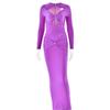 Estilo Ins Transfronterizo Europeo y Americano 2025 Verano Vestido de Manga Larga con Cuello Redondo Sexy Moda Corte Ajustado Recorte Color Puro Falda Larga