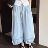 Pantalones de encaje hueco simples estilo coreano para mujer, finos y adelgazantes, cintura elástica, pantalones casuales versátiles de pierna ancha cropped para principios de otoño