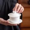 Tigela de Cobertura de Jade Suet de Luxo Leve Tigela de Chá de Porcelana Branca com Tampa Grande Conjunto de Chá Doméstico Kung Fu Empresa de Chá Logo Impresso Tigela de Três Talentos