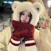 Novo conjunto de três peças para outono e inverno: chapéu de urso, cachecol e luvas, pelúcia color block, espessado, quente, afina o rosto, chapéu da moda