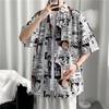 Ins Camisa de Manga Curta Desenho Retrô Estilo Japonês Masculina Estilo Hong Kong Grafite Havaí Praia Moderna