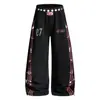 Calça moletom casual estilo retrô americano com estampa de notas musicais estilo asiático para homens e mulheres, calça larga de cintura dupla com corte clean para casais