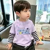 Camiseta de Manga Larga Rayada Patchwork de Dibujos Animados para Niños, Algodón Puro para Primavera y Otoño, Estilo Coreano, Holgada, Moderna, Camiseta Básica Informal para Niños