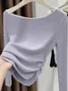 Camiseta base de punto azul marino con cuello asimétrico para mujer, corte ajustado, ceñida a la cintura, de manga larga, top simple elegante y bien diseñado estilo coreano
