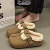 Sapatos Femininos Estilo Birkenstock com Solado Grosso de Couro, Forrados com Lã e Espessados para Aquecimento, Sapatos de Algodão com Bico Fechado Meia Pantufa, Sapatos de Pelo de Lã de Cordeiro