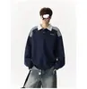 Moletom com Capuz Patchwork Color Block Americano Gola Polo Masculino Outono/Inverno Solto Retro Lapela Limpo Estilo College Top