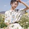 Camisa de estampado completo estilo París francés para hombres y mujeres, unisex, versión coreana, estampado floral maduro, cárdigan con cuello, ropa de playa