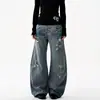 Calça jeans rasgada com padrão de bambu desgastado, estilo West Coast Americano, vibe high-street, modelagem solta, afina a silhueta, perna reta, calça wide leg