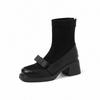 Doce Menina~Botas Finas de Camurça com Costura e Laço para Saia Inverno 2025 Salto Médio Grosso Bico Redondo Botas Curtas Elásticas