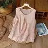 Camisola bordada de algodão e linho para mulheres, estilo verão, modeladora, sem mangas, adequada para usar por cima ou em camadas, blusa top básica de algodão e linho plus size