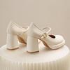 Zapatos de Tacón Alto Mary Jane Blancos de Tacón Grueso Pequeño para Mujer 2025 Nuevo Primavera Francés Boca Baja con Falda Flats