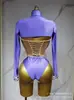 Traje Púrpura Elástico con Pedrería, Vestido para Fiesta de Noche en Banquetes y Discotecas, Atuendo de Presentación, Disfraz de Escenario, Atuendo de Halloween para Presentación
