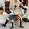 Botas de caballero rectas de pierna delgada de piel de vaca, botas altas de cuero marrón con punta redonda y tacón bajo grueso para invierno 2024 para mujer