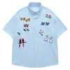 Camisa de Manga Curta Bordada com Waffle, Marca Tendência Estilo Americano para Homens, Estilo Férias de Verão, Roupa de Praia, Camisa Preguiçosa e Relaxada