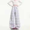 Pantalones Casuales de Cuadros Morados NaturalDopamine para Mujer Verano Estilo Delgado Para Personas Petites Pierna Ancha Largos Estilo Primavera Otoño